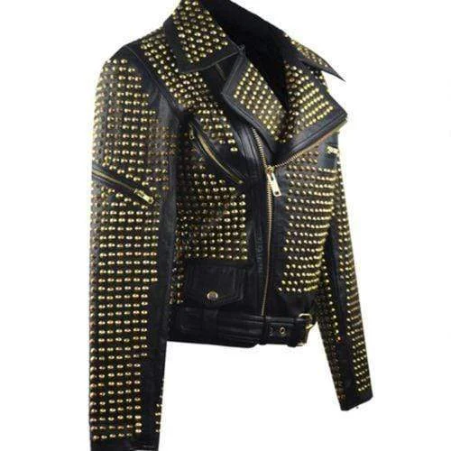 Men leather driving jackets with a suede interior for a luxurious and comfortable touch Woman Black Full Golden Studded Brando Style Punk Cowhide Leather Jacket