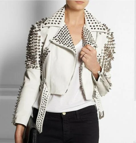 Men leather hunting jackets with a camouflage - printed leather for outdoor pursuits New Woman Full White Punk Brando Spiked Studded Leather Jacket