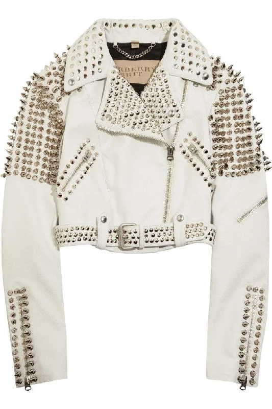 Men leather safari jackets with a breathable cotton - blend exterior for outdoor adventures Woman Full White Punk Brando Spiked Studded Leather Jacket