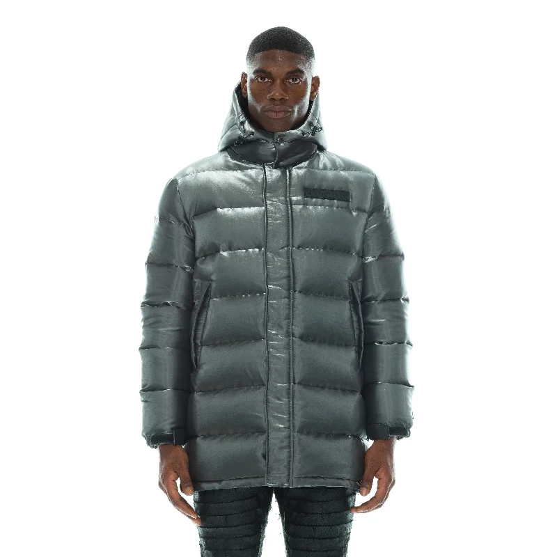Long - length men down jackets to provide extra coverage and warmth Nylon Puffer 3/4 In Silver