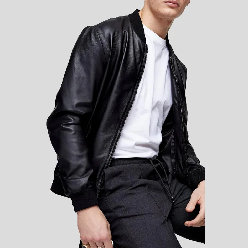 Men leather trench coats with a double - breasted design for a classic and sophisticated look Oliver Black Bomber Leather Jacket