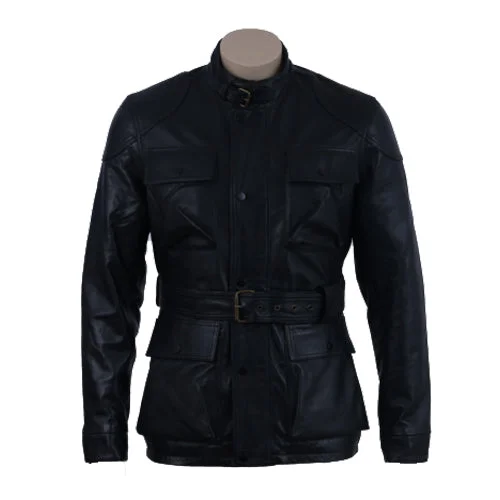 Men leather safari jackets with a breathable cotton - blend exterior for outdoor adventures Parker Black Belted leather jacket with large pockets