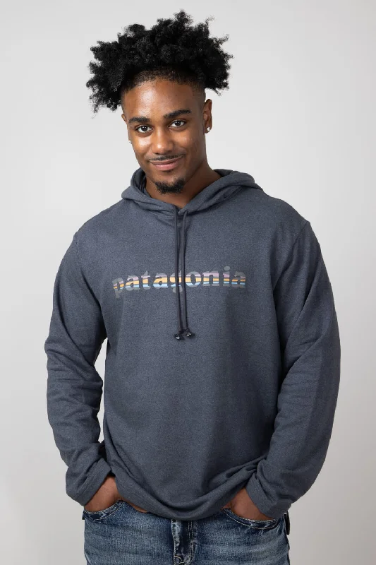 Men fleece - trimmed slippers for cozy indoor wear Patagonia Men’s ’73 Lightweight Wildrise Logo Hoodie in Ink Black | 39695-INBK