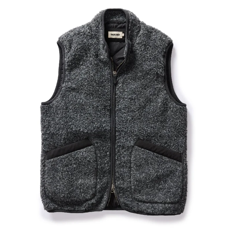 Tweed men waistcoats with a traditional herringbone pattern for a classic look The Port Vest in Coal Marl Boucle Fleece