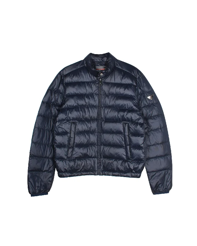 Men down jackets with a water - repellent outer shell for wet winter days Prada Classic Down Jacket in Navy Nylon
