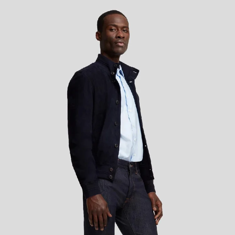 Men leather sport coats with a stretch - fabric panel for enhanced mobility Quinton Blue Suede Leather Jacket