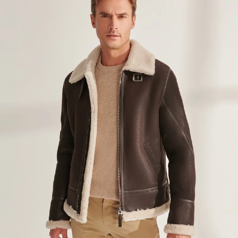 Men leather hunting jackets with a camouflage - printed leather for outdoor pursuits Real Men Brown Pilot Shearling Leather Aviator Jacket