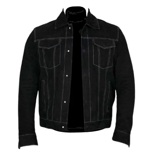 Men leather driving jackets with a suede interior for a luxurious and comfortable touch River black trucker suede jacket