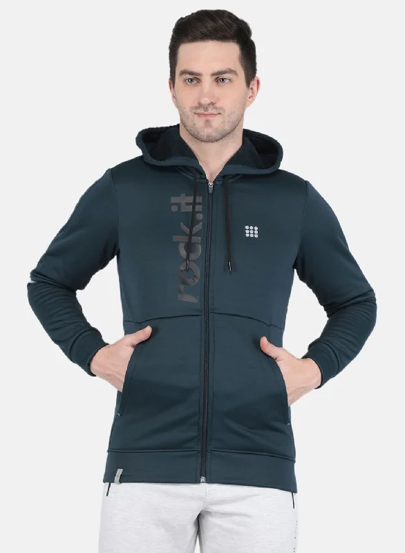 Hooded men sweatshirt with a drawstring closure Men Teal Blue Printed Sweatshirt