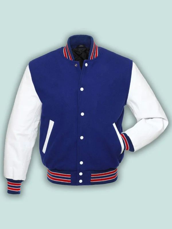 Men leather blouson jackets with a drawstring hem for a customizable fit Royal Blue Varsity Jacket