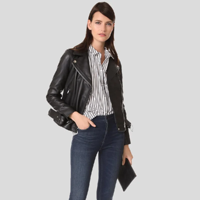 Men leather chore jackets with a durable waxed - leather finish for a rustic and hard - wearing option Sandra Black Biker Leather Jacket