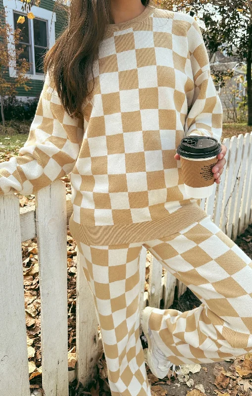 Men's Ribbed Pullover in Mustard Yellow for a Pop of Color in Autumn Scout Sweater ~ Tan Checker Knit