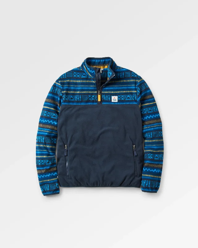 Men fleece thermal shirts for layering in winter Set Off Recycled Polar 1/4 Zip Fleece - Patchwork Stripe Tidal Blue/ Deep Navy