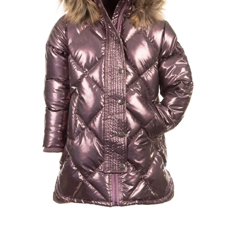Long - length men down jackets to provide extra coverage and warmth Sloan Puffer Coat In Glitter Plum