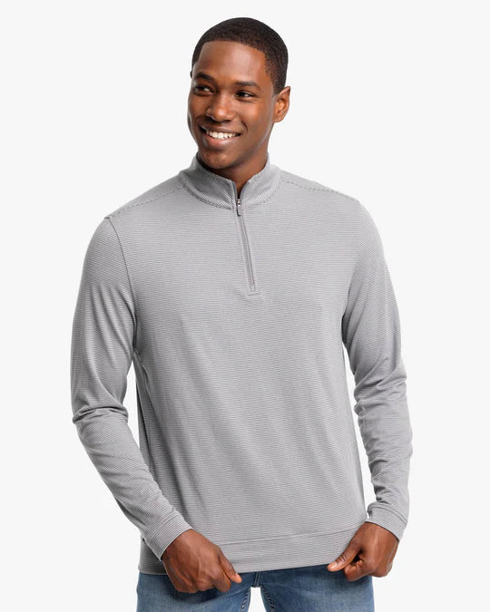 Slim Fit Men's Cotton Pullover in Navy Blue for a Classic Office Attire Southern Tide Men's Cruiser Heather Micro Striped Performance Quarter Zip Pullover - Heather Polarized Grey