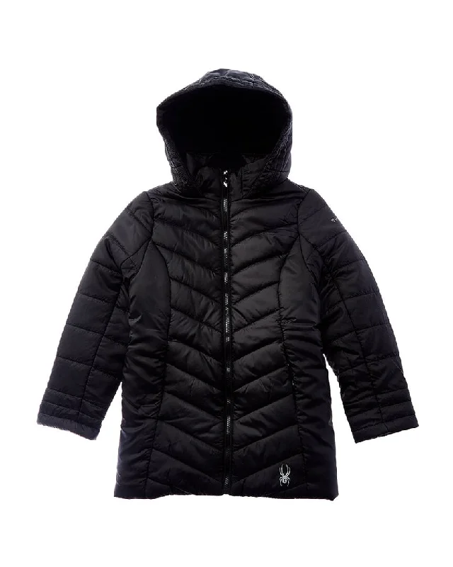 Men down jackets with a reflective strip for increased visibility in low - light Spyder Boundless Long Puffer Coat