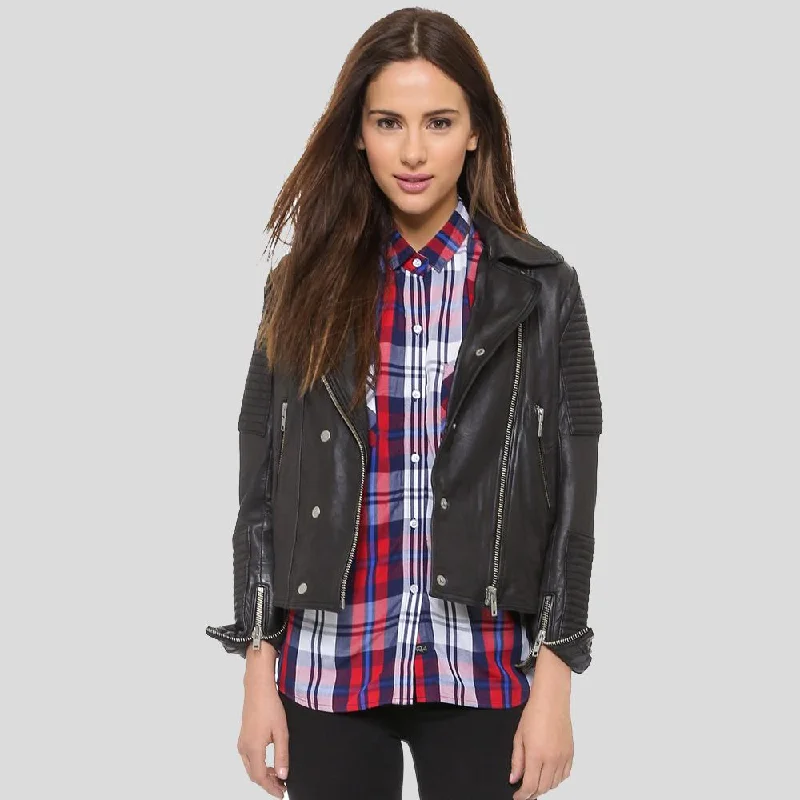 Men leather waistcoats with a decorative button - front for a formal and refined look Sylvie Black Motorcycle Quilted Leather Jacket