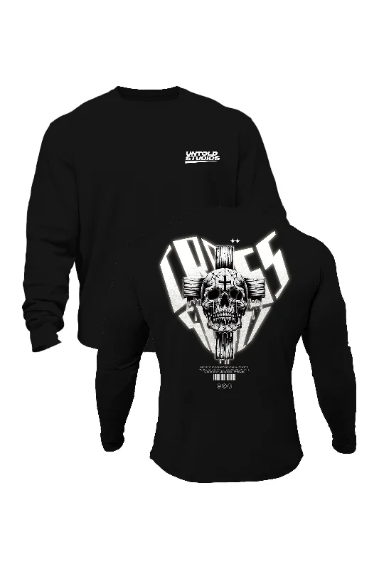 Retro - style men sweatshirt inspired by the 80s Untold Studios Gothic Cross Skull Sweatshirt - Black