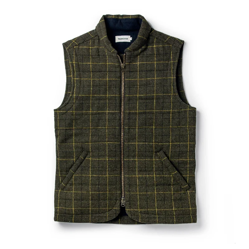 Men waistcoats with a built - in media pocket for tech - savvy users The Vertical Vest in Olive Plaid Wool