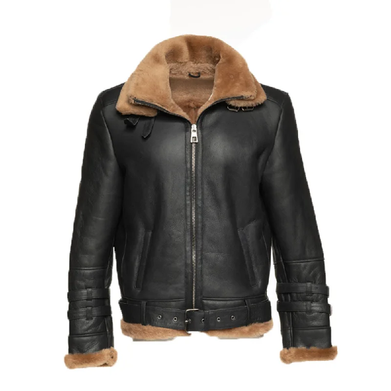 Men leather parkas with a removable fur - trimmed hood for a versatile and stylish look Viktor's black Aviator bomber shearling jacket
