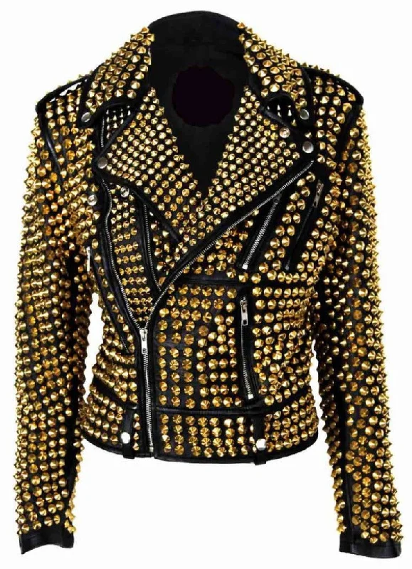 Men leather pea jackets with a high - collar for added warmth and a classic nautical style Woman Luxury Black Punk Golden Studded Cowhide Brando Leather Jacket