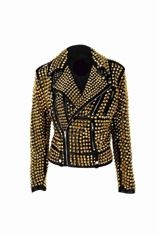Men leather peacoats with a wool - blend lining for extra warmth in cold weather Woman Luxury Black Punk Golden Studded Cowhide Brando Leather Jacket