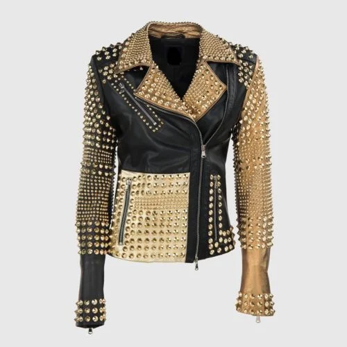 Men leather windbreakers with a lightweight leather construction for a breezy feel Woman Punk Brando Full Golden Studded Black Biker Leather Jacket