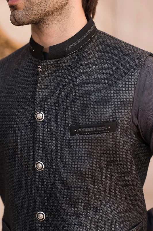 Cotton - blend men waistcoats for everyday casual wear Wool Black Checkered Waistcoat (W.C 005)
