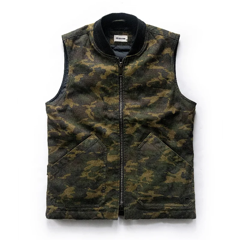 Sleeveless men waistcoats with a high - cut armhole for ease of movement The Workhorse Vest in Camo Boss Duck