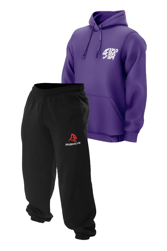 Solid - color men hoodie in trendy olive green XAPE Ultimate Ape Hoodie & Classic Joggers Combo - Purple/Black