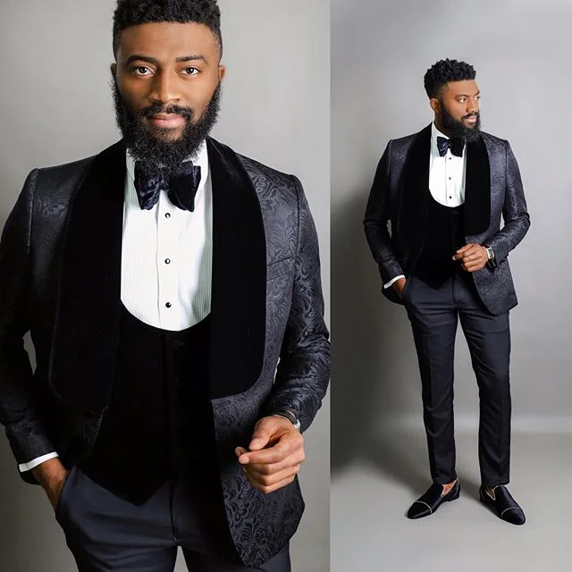 Silk Men Blazers for Formal Evenings​ Black Jacquard Jacket Men Suit Slim Fit Blazer