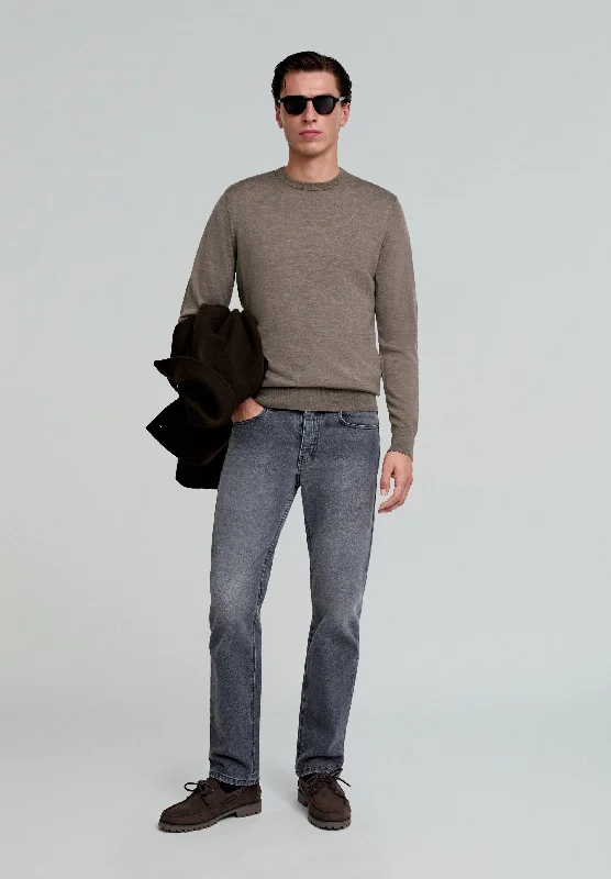 Men's Sherpa - Lined Cardigan in Olive Green for Extra Warmth in Cold Weather WOOL ROUND NECK SWEATER