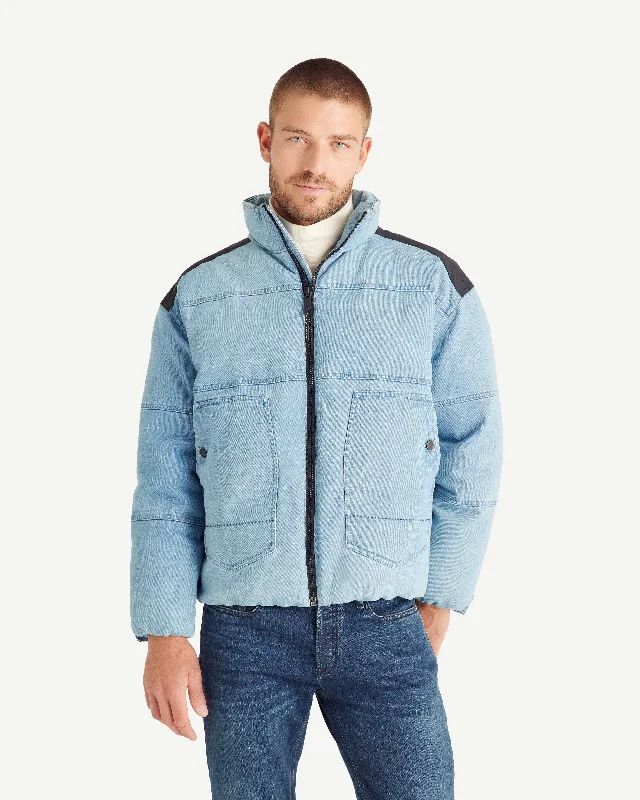 Men down jackets with a drawstring hood for a snug fit in windy conditions Aero MNW JOTT x DENHAM cropped puffer-style denim down jacket