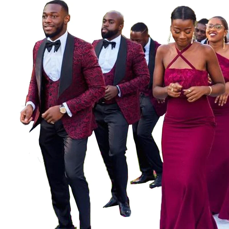 Men Blazers for Family Reunions in Coordinated and Stylish Styles​ Burgundy Jacket 3 Pieces Men Suit