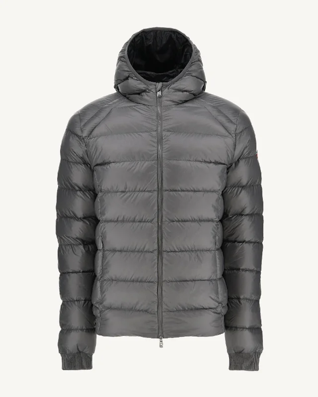 Men down jackets with a reflective strip for increased visibility in low - light Anthracite hooded down jacket Nat