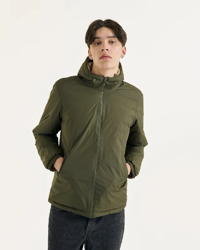 Men down jackets with multiple zippered pockets for secure storage Army/Beige Bergen 2.0 reversible hooded puffer jacket