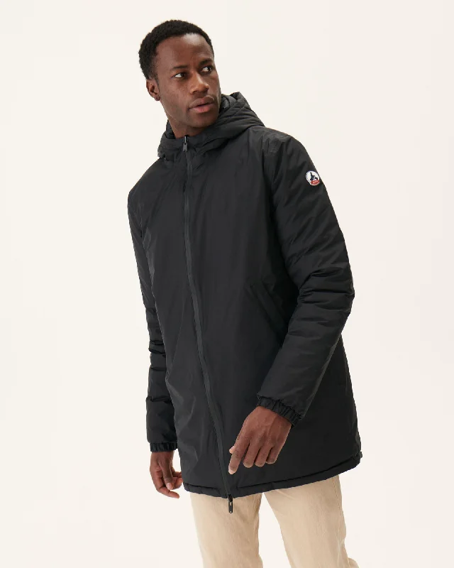 Men down jackets with a removable hood for versatile styling options Black Amsterdam long reversible hooded puffer jacket