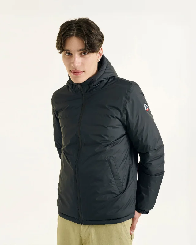 Men down jackets with multiple zippered pockets for secure storage Black Bergen 2.0 reversible hooded puffer jacket