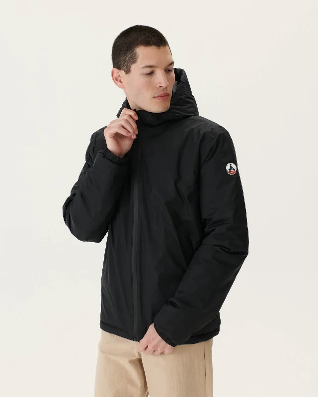 Long - length men down jackets to provide extra coverage and warmth Black Bergen reversible hooded puffer jacket
