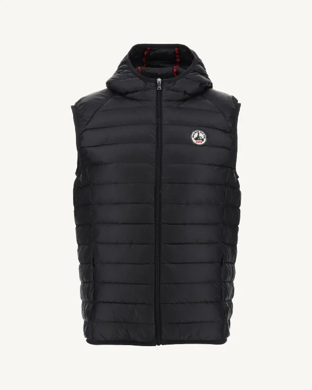 Men down jackets with a high - collar design for enhanced neck protection Black Hooded sleeveless down jacket Pat