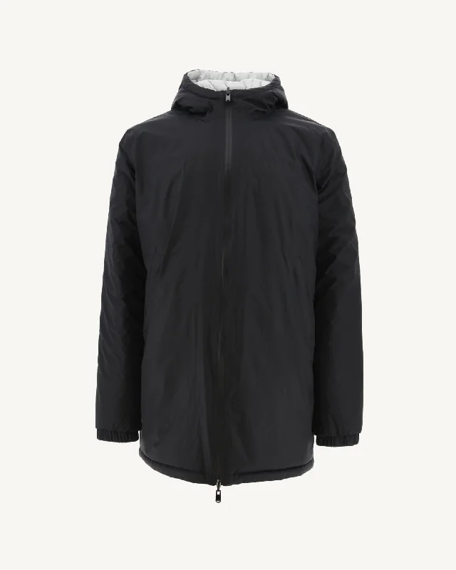 Men down jackets with a drawstring hood for a snug fit in windy conditions Black/Soft grey Amsterdam long reversible hooded puffer jacket
