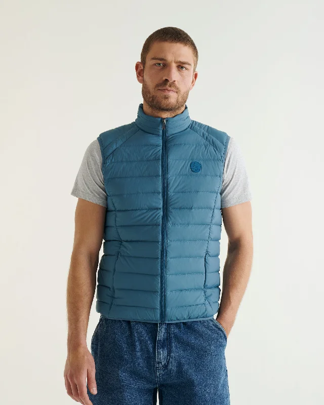Men down jackets with a built - in hand - warmer pocket for cold fingers Blue jean Arafo stretch sleeveless puffer jacket