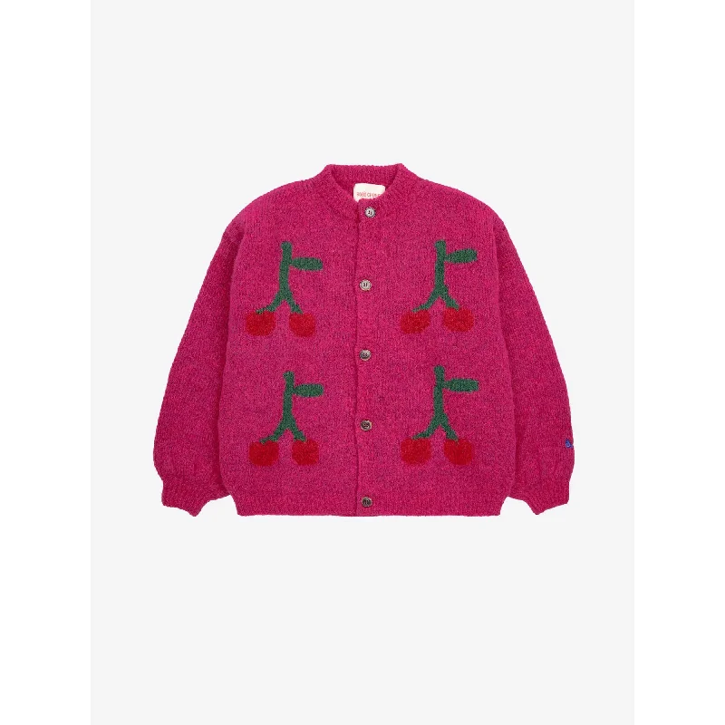 Men's Zipper - Front Cardigan in Red for a Bold and Modern Look Bobo Choses Bobo Cherry Intarsia Cardigan - Fuchsia