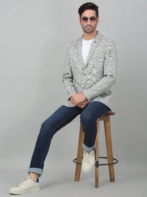 Men Blazers with Contrast Lapels for a Bold Statement​ Cantabil Men Light Grey Checkered Notch Lapel Casual Blazer