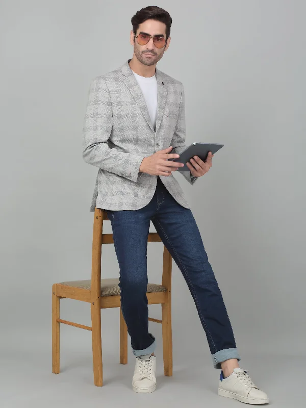 Men Blazers with Halloween - Themed Prints for Spooky Events​ Cantabil Men Light Grey Checkered Notch Lapel Casual Blazer