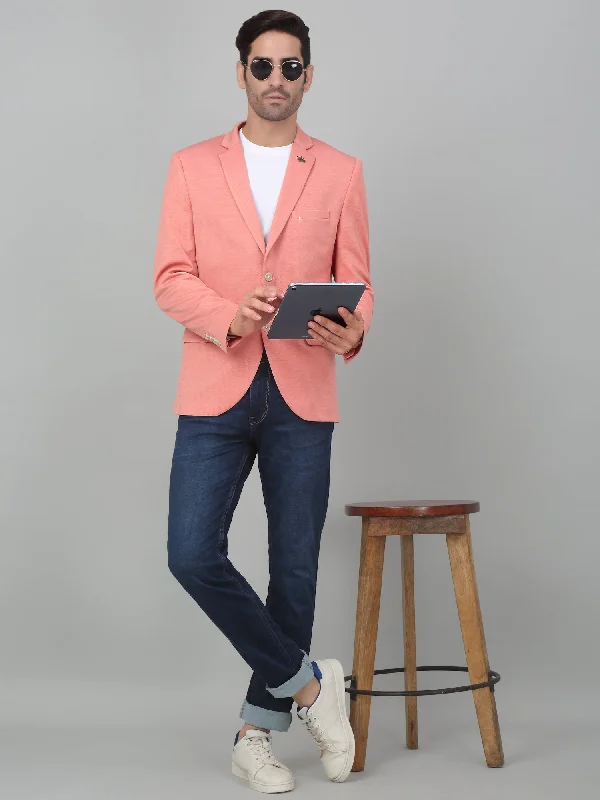 Men Blazers for Hunting Expeditions in Camouflage and Durable Fabrics​ Cantabil Men Peach Self Design Notch Lapel Casual Blazer