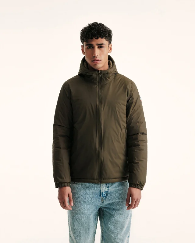 Men down jackets with multiple zippered pockets for secure storage Chicago 2.0 Ultralight reversible hooded winter jacket Army