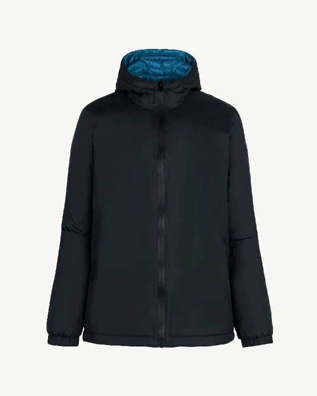 Men down jackets with an adjustable hem to seal out the cold air Chicago 2.0 Ultralight reversible hooded winter jacket Black/Blue jeans