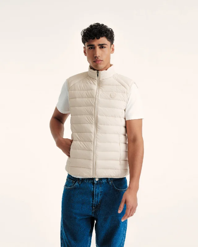 Men down jackets with a drawstring hood for a snug fit in windy conditions Clay Arafo stretch sleeveless puffer jacket