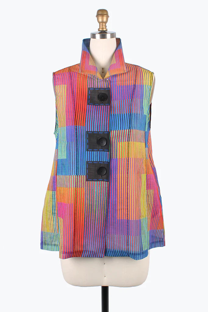 Cotton - blend men waistcoats for everyday casual wear DameePinstripe Colorblock Button Patch Vest 3193-MLT
